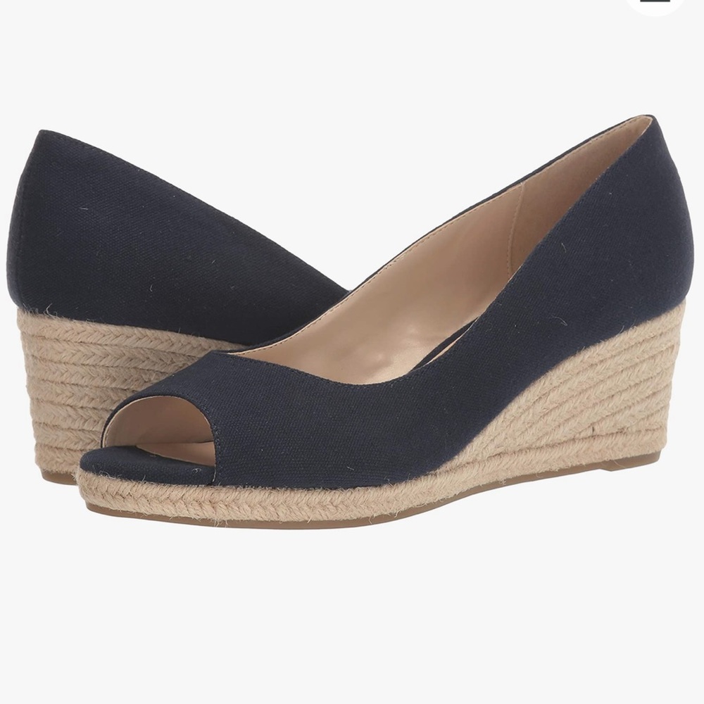 Peep toe rope wedge sandal. Worn once, but needed a smaller size. Navy blue